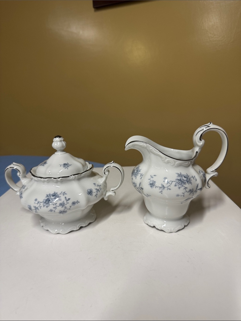 Haviland White Porcelain Blue Floral Creamer and Lidded Sugar Bowl Set
